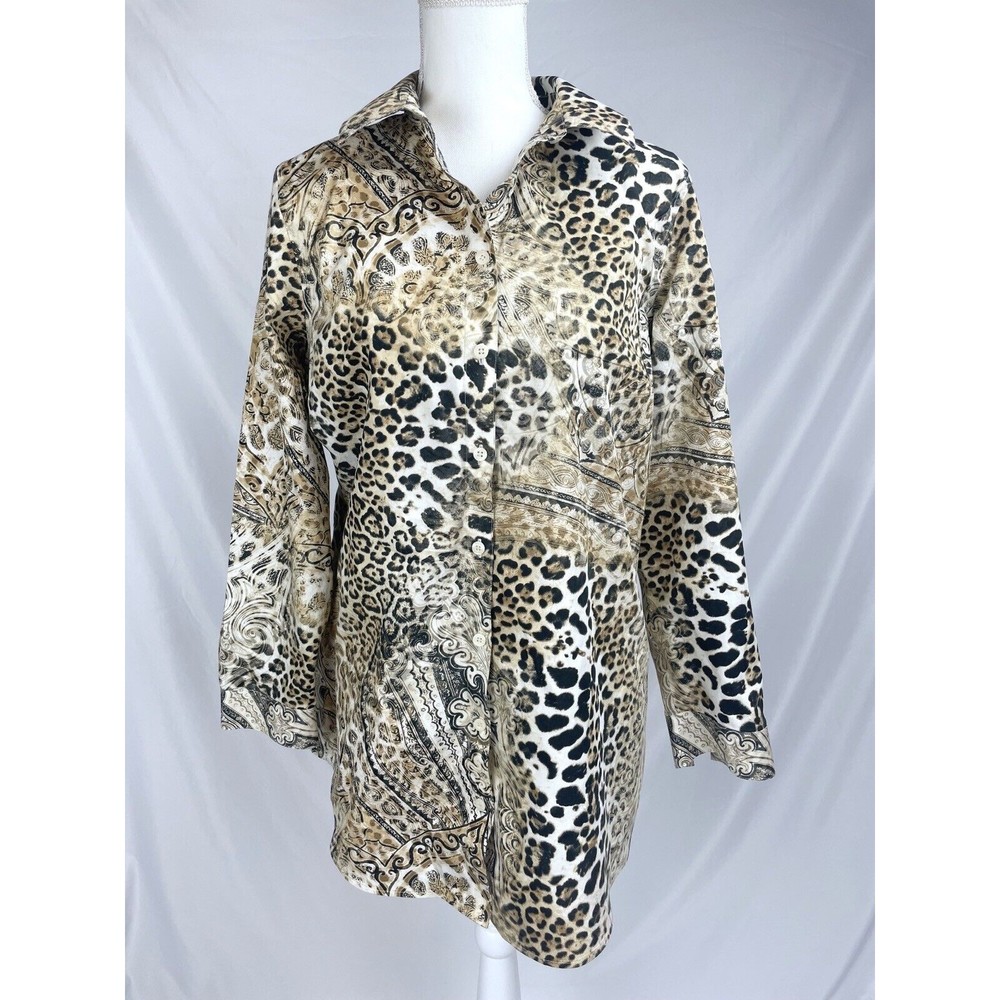 Chico’s Women Size‎ 2 Tan Brown Black Animal Print Button Up Tunic Top Leopard